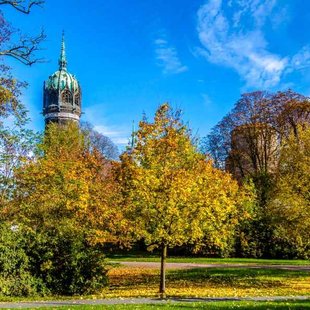 Schlosswiese mit Turm der Schlosskirche im Herbst