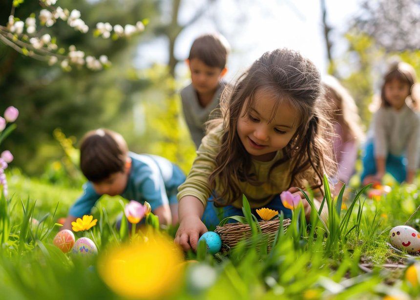 Kinder beim Ostereiersuchen auf einer Wiese