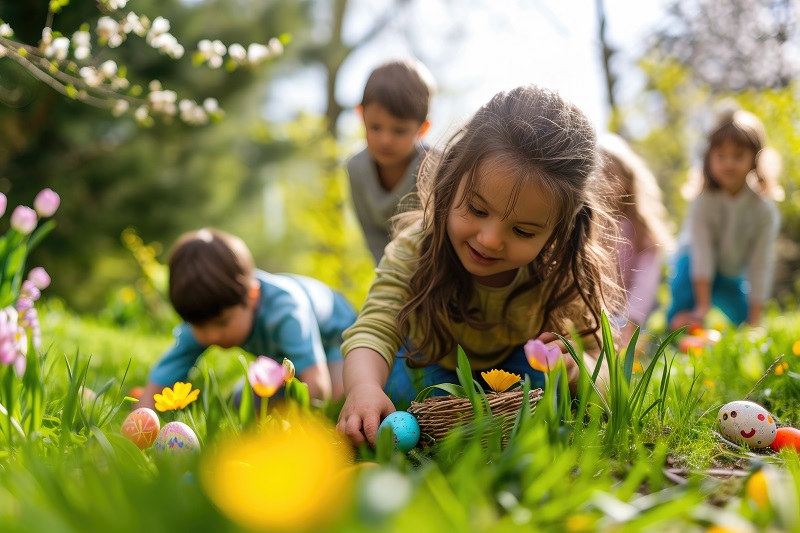 Kinder beim Ostereiersuchen im Grünen